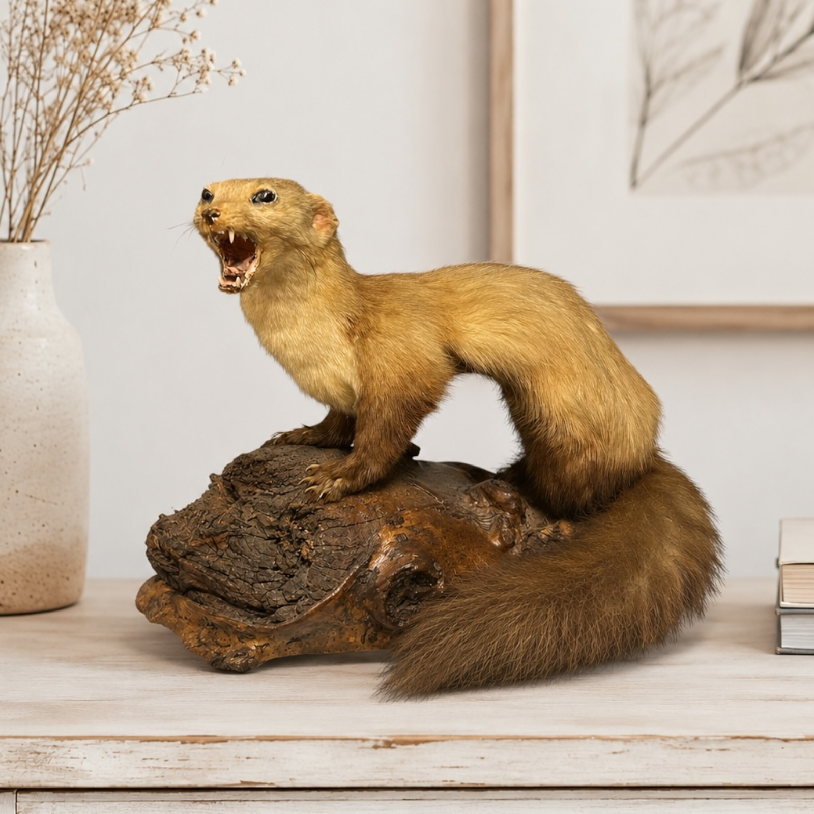 Vintage French taxidermy stoat or marten mounted on a natural wooden log base, displayed on a painted dresser with dried flowers and neutral country house decor.