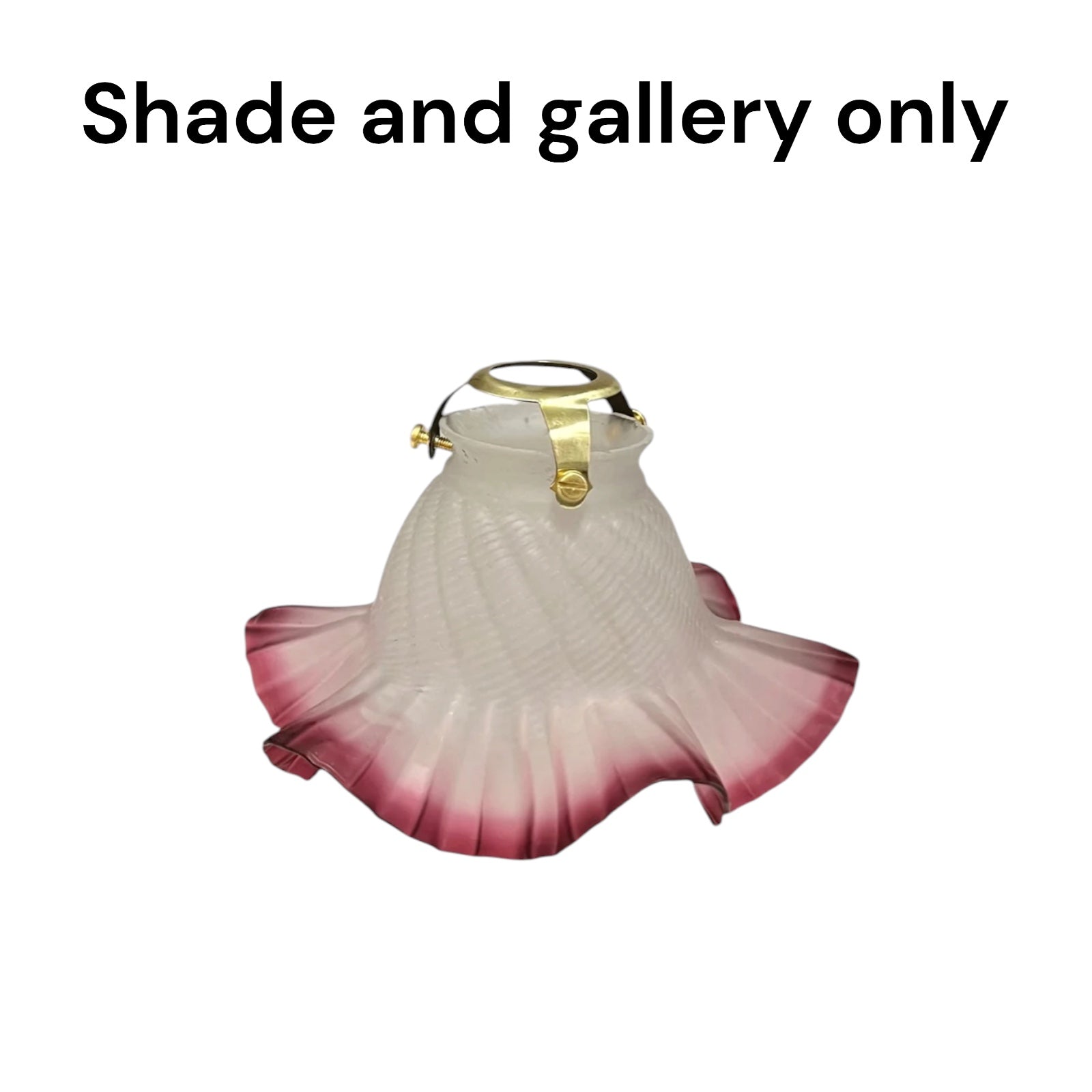 A pleated glass shade with a white to dusty pink gradient and a gold metal top frame, shown against a plain white background with the text 'Shade and gallery only' at the top.