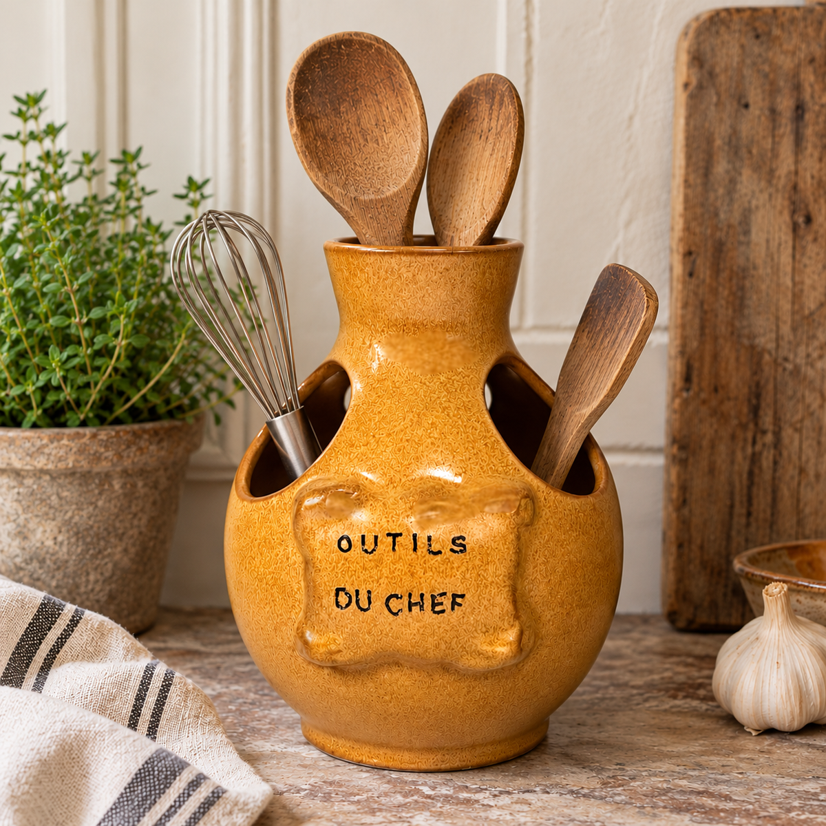 Vintage French ceramic kitchen utensil holder with a honey-brown mottled glaze, rounded body and two large angled side openings. Raised front plaque inscribed Outils du Chef, meaning Chef's Tools. Traditional rustic French country kitchen pottery measuring 18.5 cm high, sourced from a French brocante.