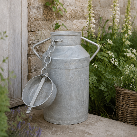 Galvanized metal milk canister with side handles and a hanging metal scoop, placed outdoors against a stone wall with plants and a basket nearby.