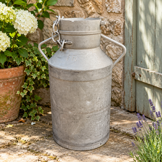 A vintage-style galvanized metal milk can with a swing-top lid and chain lock, set outdoors on a stone patio next to a rustic stone wall, potted plants, and a weathered green door.