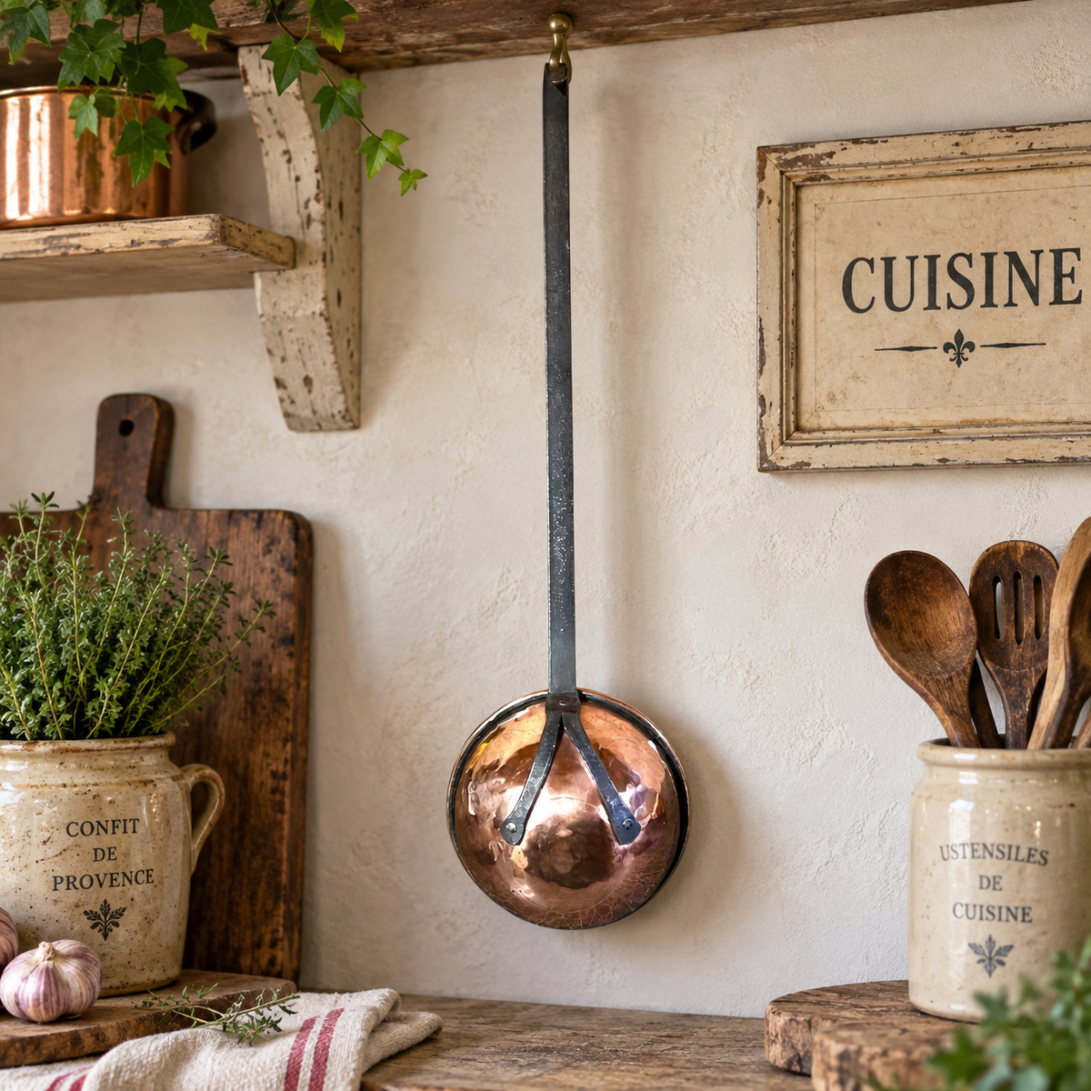 A copper ladle with a long black hanging handle is displayed on a rustic cream wall in a styled kitchen setting with wooden shelves, ceramic canisters, and a framed 'CUISINE' sign.
