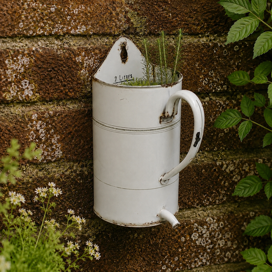 A white enamel garden planter with a spout and handle, mounted on a rustic brown brick wall with green plants growing in it.