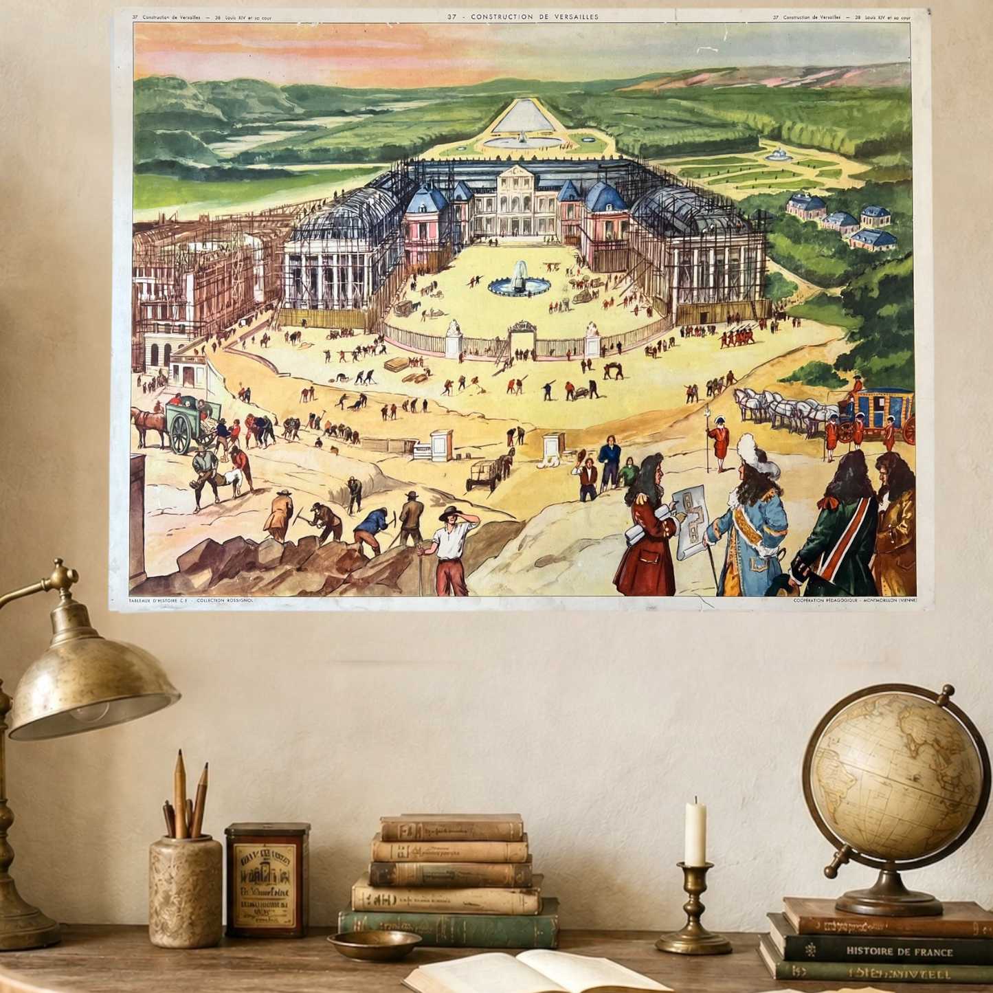 A vintage-style illustrated poster depicting a grand palace courtyard and surrounding landscape, displayed on a wall above a desk with books, a globe, and a lamp.