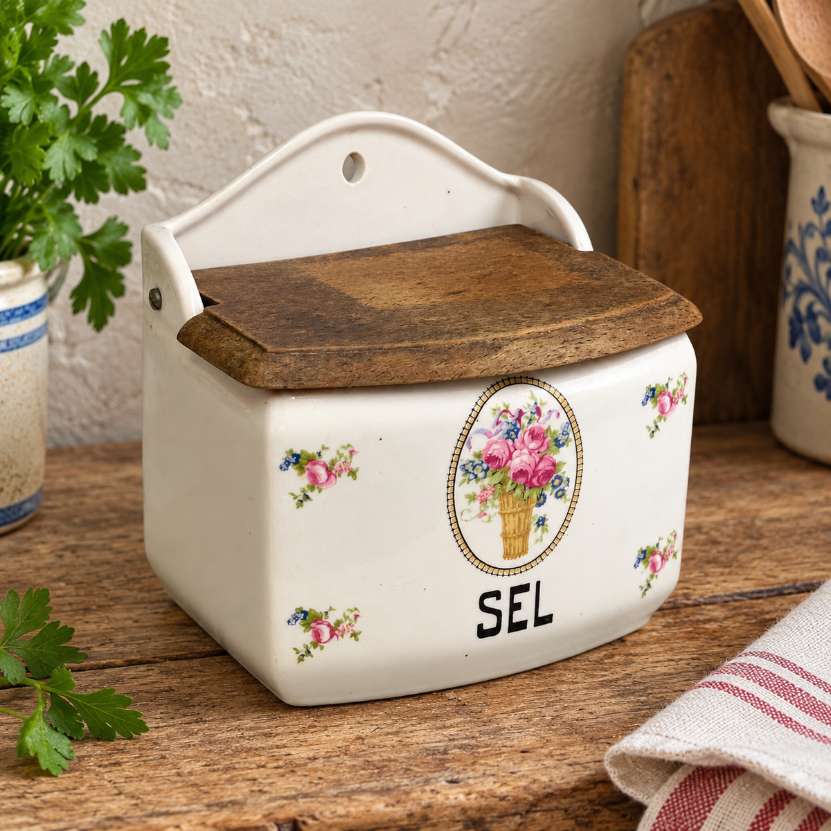 A white ceramic salt cellar with a rustic wooden lid, decorated with pink floral patterns and the word 'SEL' in black. It is styled on a wooden table with a striped cloth, parsley, and other kitchen props.