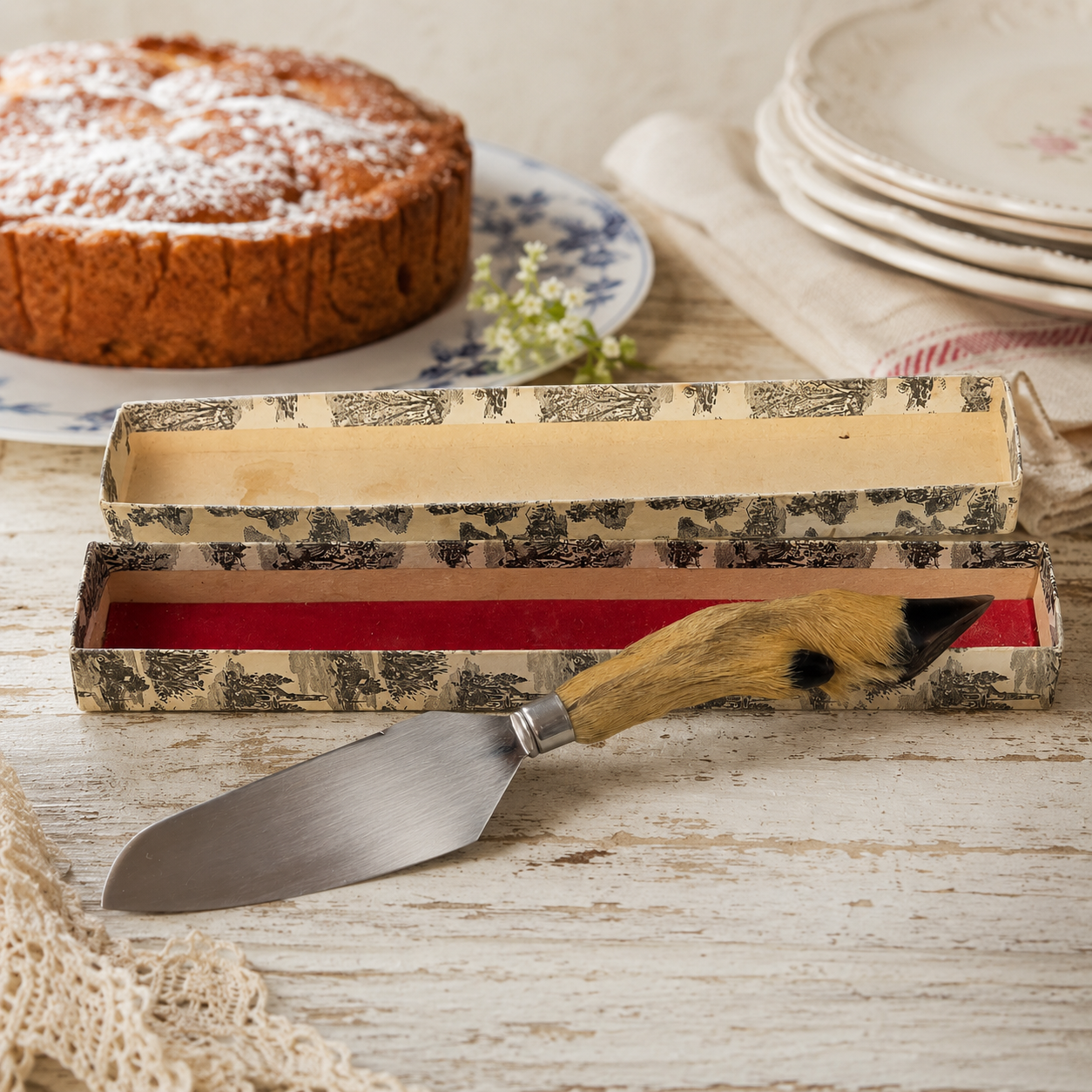 A vintage-style cake server with a wooden handle and metal blade rests in an open patterned box lined with red velvet, with a cake and plates in the background on a rustic table.