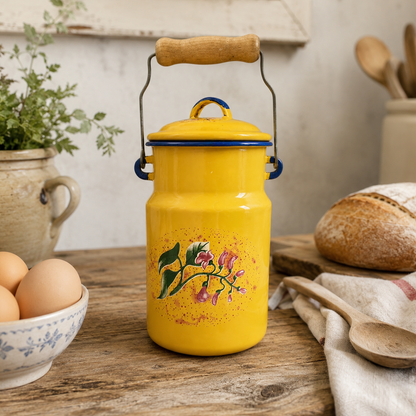 A bright yellow enamel coffee kettle with a wooden handle and lid, decorated with a pink and green floral design, set on a rustic wooden table surrounded by bread, eggs, and kitchen items.