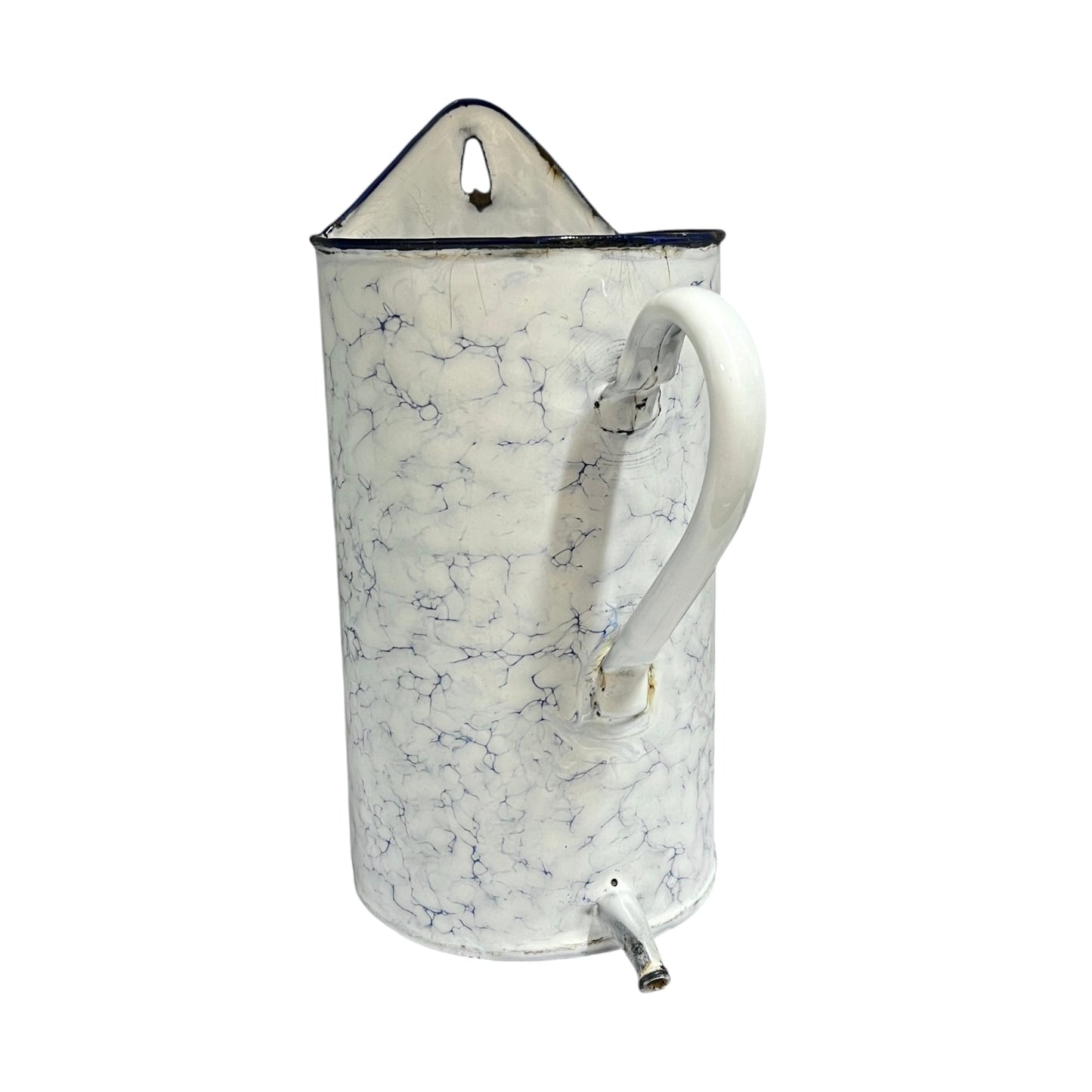 A vintage-style enamel planter with a white and blue marble pattern, featuring a white handle, a top hanging loop, and a small metal spout at the bottom.