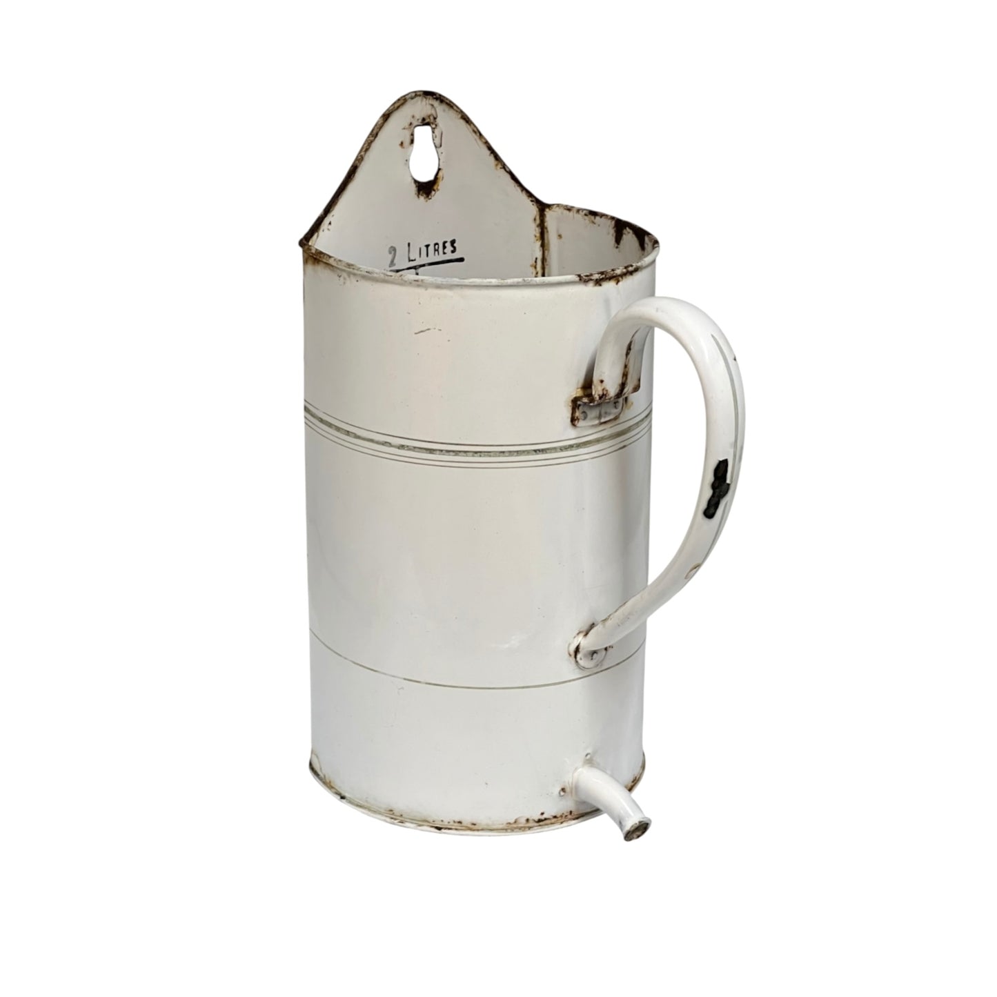 A vintage-style white enamel planter with a distressed finish, featuring a top handle loop, a curved handle, and a small spout at the bottom, shown on a plain white background.