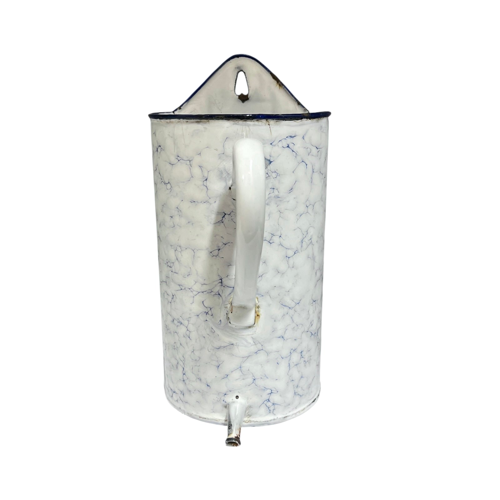 A vintage enamel pot with a white body, blue marble veining, a white handle, and a metal spout, shown on a plain white background.