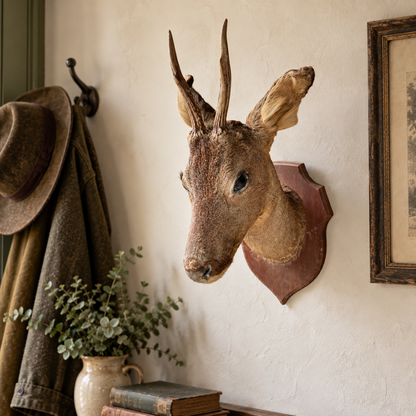 A taxidermy deer head mount with antlers on a rustic wall, styled in a home interior with a hat and coat on a hook, a small plant in a vase, and old books below.