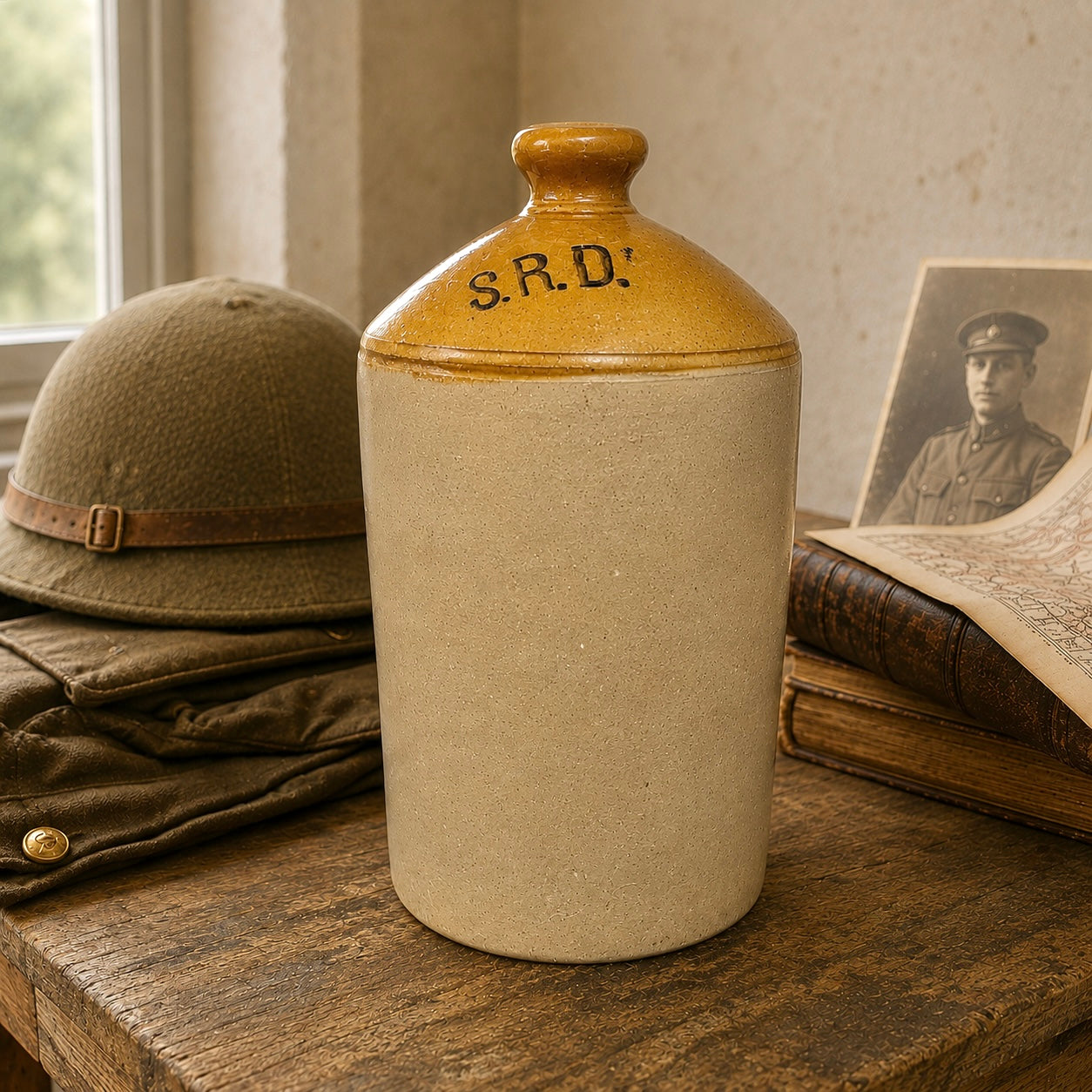 Vintage jar with 'S.R.D.' on a wooden surface with military items and a photo.