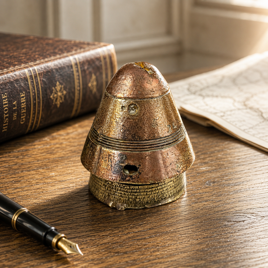 what I would use:

Antique World War I brass artillery shell fuze paperweight displayed on an oak desk in a traditional study, featuring an authentic WW1 military relic with aged brass and copper patina, leather-bound history book, fountain pen and vintage map in a premium lifestyle setting.
