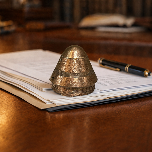 A small WW1 brass fuse paperweight with a textured finish rests on top of an open book on a polished wooden desk, with a black and gold pen nearby.