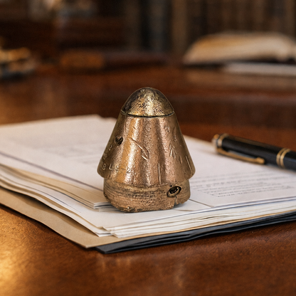 A small brass paperweight made from a WW1 fuse with engraved markings sits on top of an open book on a wooden desk, with a black pen nearby and a blurred indoor background.