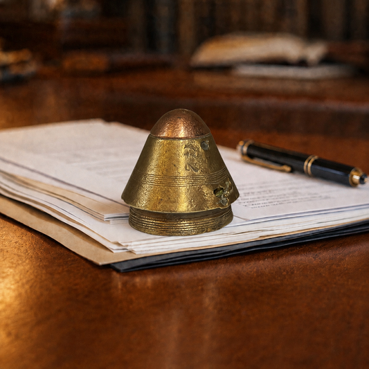 A small vintage brass WW1 paperweight with engraved details sits on top of an open book on a polished wooden desk, with a black and gold pen nearby.