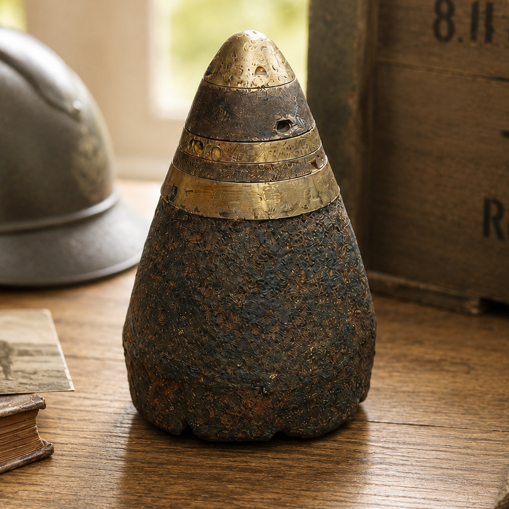 Authentic World War I artillery shell with original brass fuze displayed on a vintage oak desk in a traditional military study, surrounded by a French Adrian helmet, antique ammunition crate, historic photograph and military memorabilia, creating a premium lifestyle display for a genuine WW1 battlefield relic.