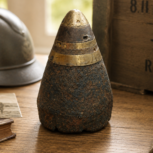 Authentic World War I artillery shell with original brass fuze displayed on a vintage oak desk in a traditional military study, surrounded by a French Adrian helmet, antique ammunition crate, historic photograph and military memorabilia, creating a premium lifestyle display for a genuine WW1 battlefield relic.