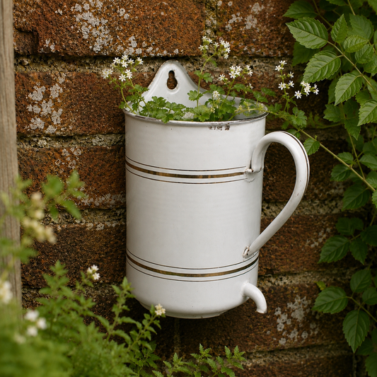 A white enamel wall-mounted planter shaped like a vintage milk jug, decorated with gold stripes and filled with green foliage and small white flowers, set against a rustic brick wall with surrounding greenery.