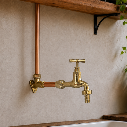 A brass wall-mounted kitchen faucet with a cross handle and copper piping, installed above a white sink against a textured beige wall with wooden shelves and green plants.