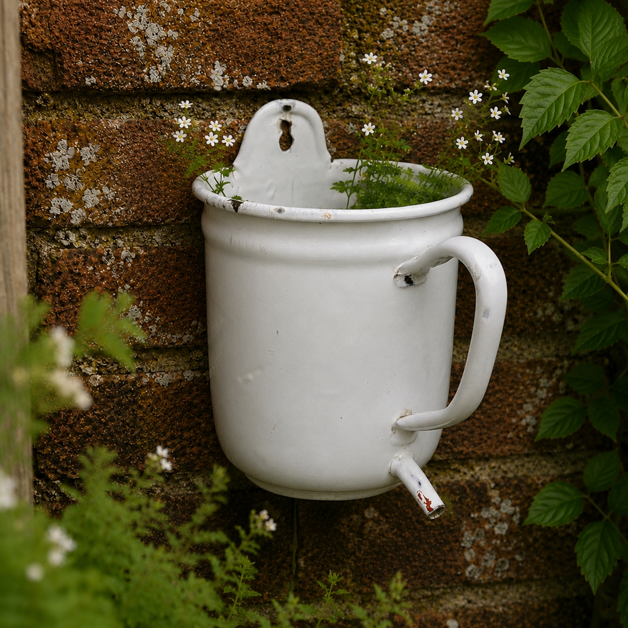 A vintage white enamel planter with a handle and spout, mounted against a rustic brick wall and surrounded by green plants and small white flowers.