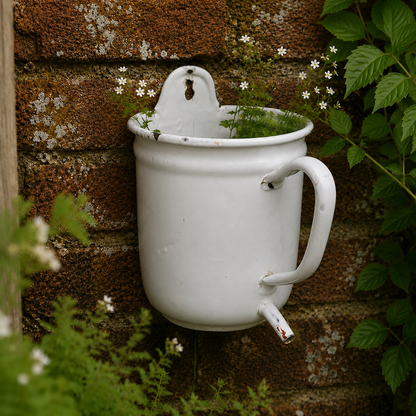 A vintage white enamel planter with a handle and spout, mounted against a rustic brick wall and surrounded by green plants and small white flowers.