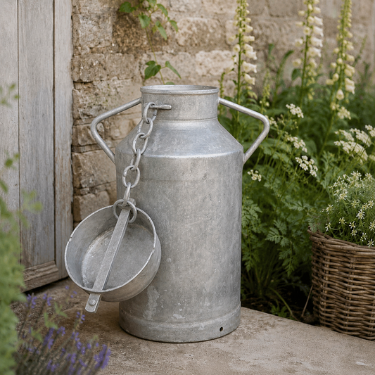 A tall, cylindrical, galvanised French metal milk churn with two side handles and a circular lid attached by a metal chain. The container has a weathered, silver-grey finish and a wide opening at the top, featuring a simple, functional design.