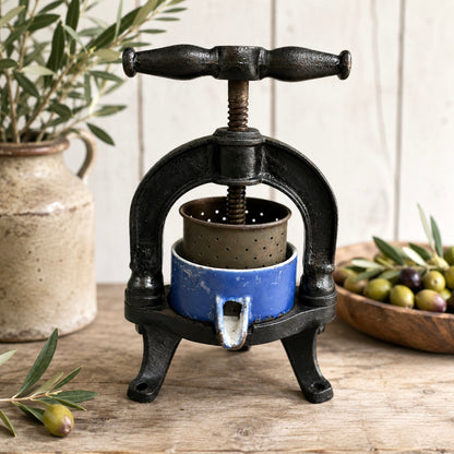 Vintage-style olive press on a wooden surface with olives and a plant in the background.