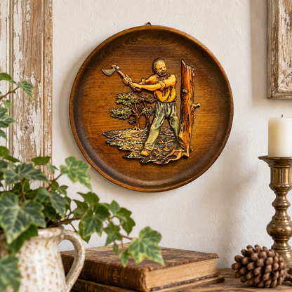 A round wooden wall plaque featuring a raised relief sculpture of a man chopping wood with an axe, displayed on a shelf next to a potted ivy plant, a candle, and a pinecone.