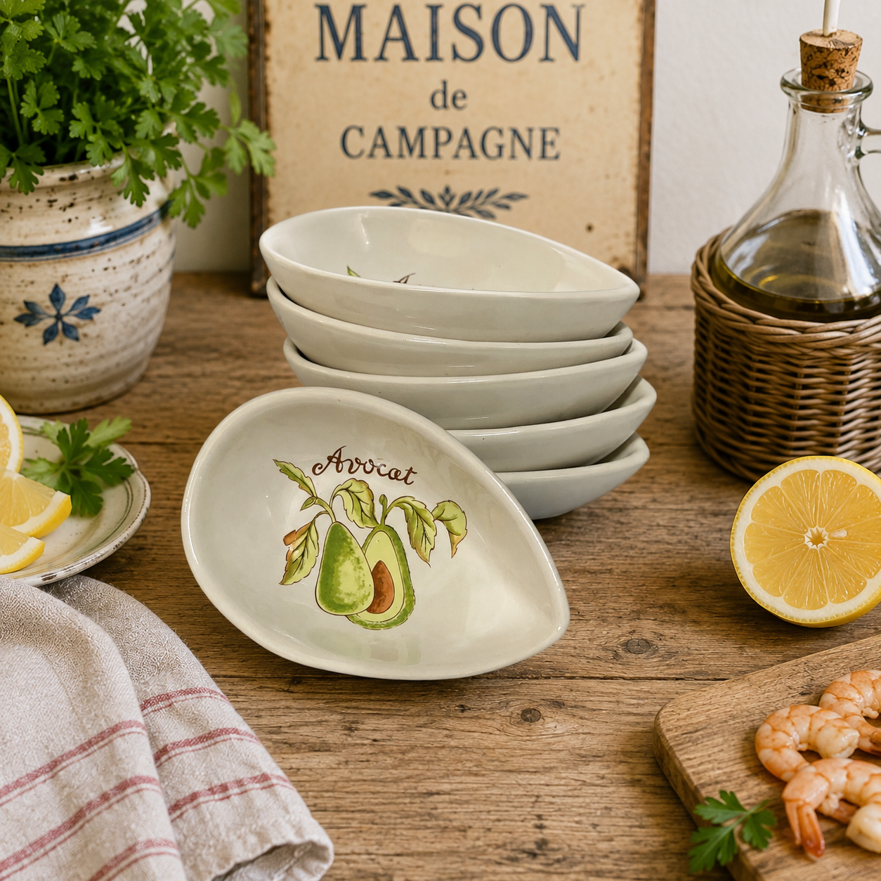 A stack of white ceramic serving bowls featuring a painted avocado illustration and the word 'Avocat' in script, styled on a rustic wooden table with lemons, shrimp, parsley, and decorative signs.