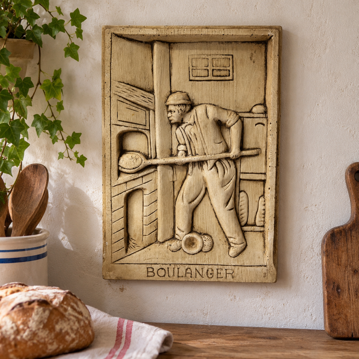 Vintage French Boulanger baker wall plaque displayed on a softly textured cream wall in a rustic French country kitchen. The rectangular, aged beige plaster-style plaque features a detailed three-dimensional bas-relief depicting a traditional French baker using a long-handled bread peel to remove a loaf from a bread oven, with additional loaves, architectural details and the word “BOULANGER” embossed along the bottom. Measuring 37.5cm high by 25.5cm wide, the plaque is styled above a rustic wooden counter