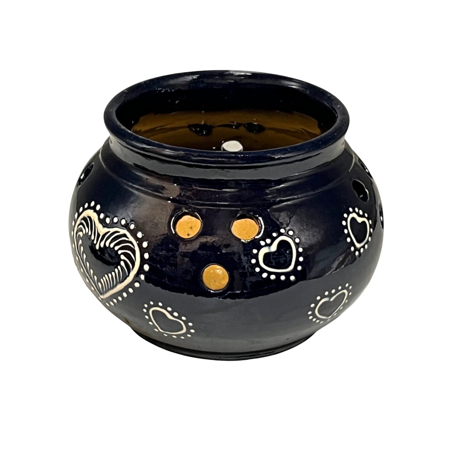 Blue ceramic pot with decorative patterns on a white background