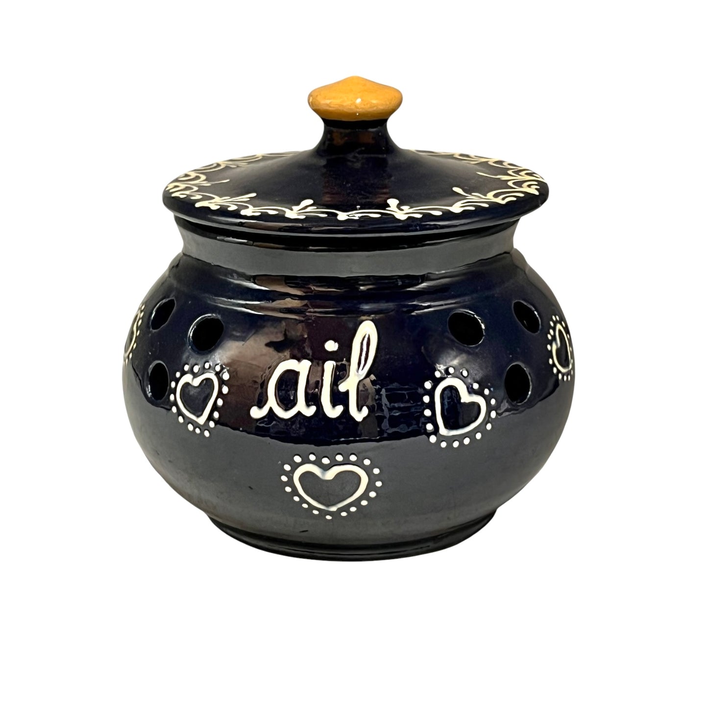 Blue ceramic pot with decorative hearts and the word 'ail' on a white background