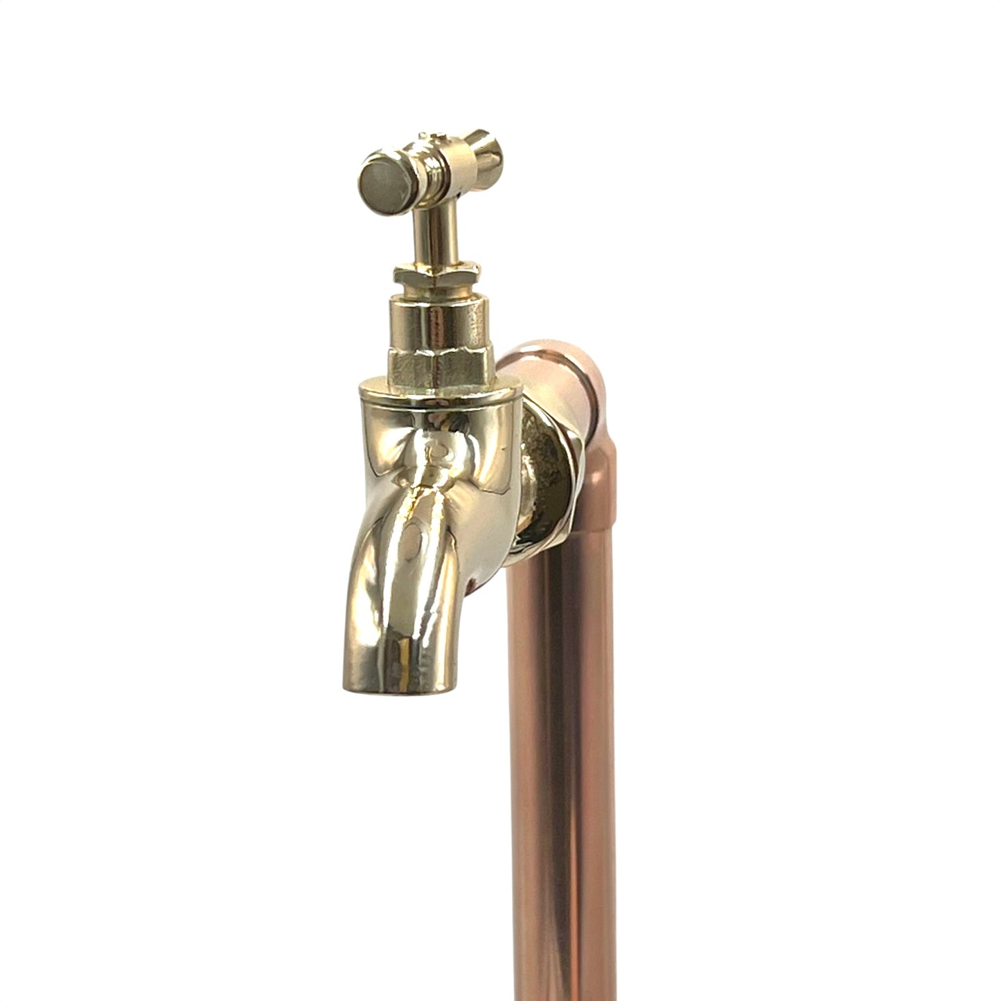 front view of brass tap head with copper pipe fittings on a white background 