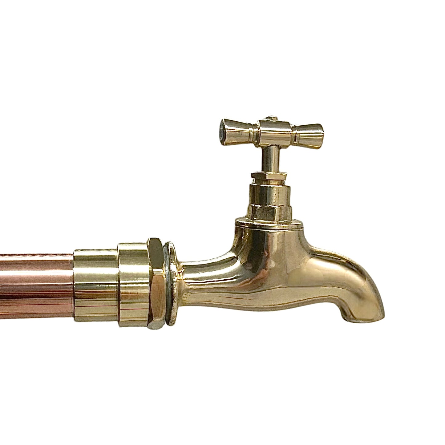 single brass tap head with copper pipe fittings on a white background 