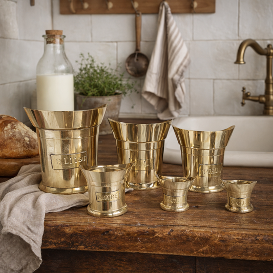 Set of gold vintage-style drink containers on a wooden surface with a rustic kitchen background.