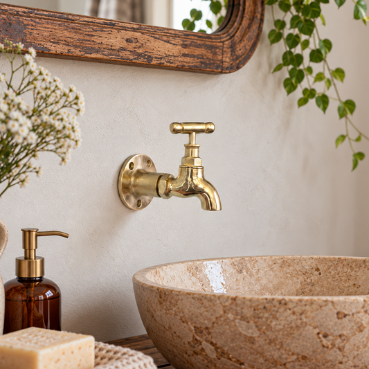 A rustic bathroom scene featuring a round beige stone vessel sink, a vintage brass wall-mounted faucet, a wooden countertop, and decorative toiletries including a soap dispenser, soap bar, and dried flowers.