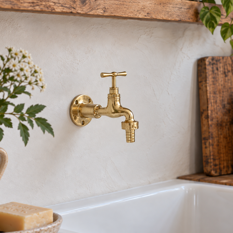 A polished brass wall-mounted kitchen faucet installed above a white farmhouse sink, shown in a styled kitchen setting with wooden shelves, plants, soap, and utensils.