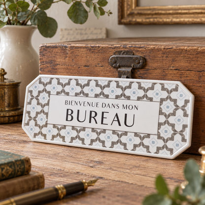 A decorative French sign reading 'BIENVENUE DANS MON BUREAU' with a white center panel and gray geometric border, styled on a wooden desk beside books, a pen, a vase, and a wooden chest.