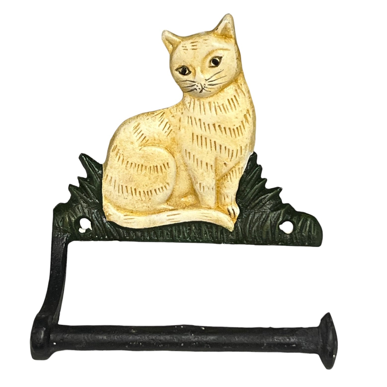 Cat shaped cast iron toilet roll holder on a white background 