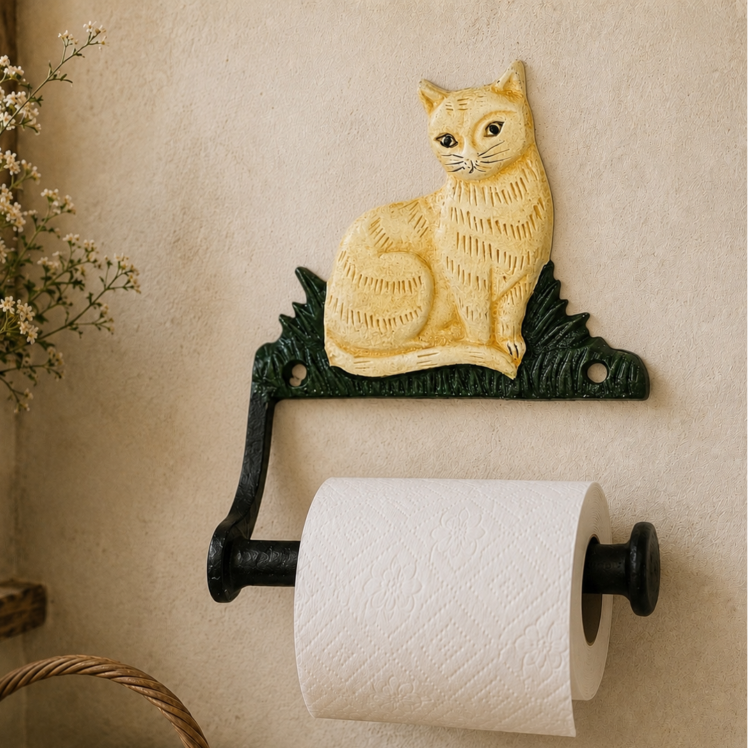 Cat-shaped wall-mounted toilet paper holder with a roll of toilet roll on a beige wall.