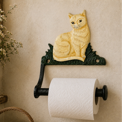 Cat-shaped wall-mounted toilet paper holder with a roll of toilet roll on a beige wall.