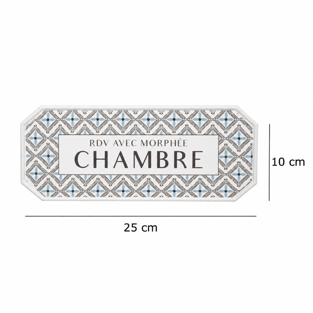 A decorative French bedroom room sign with a geometric patterned border and a white center panel reading 'RDV AVEC MORPHÉE CHAMBRE', displayed on a white background with the dimensions in black text
