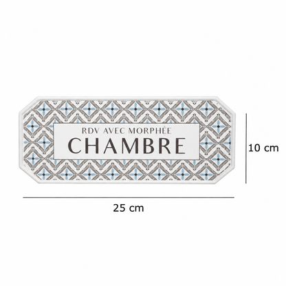 A decorative French bedroom room sign with a geometric patterned border and a white center panel reading 'RDV AVEC MORPHÉE CHAMBRE', displayed on a white background with the dimensions in black text