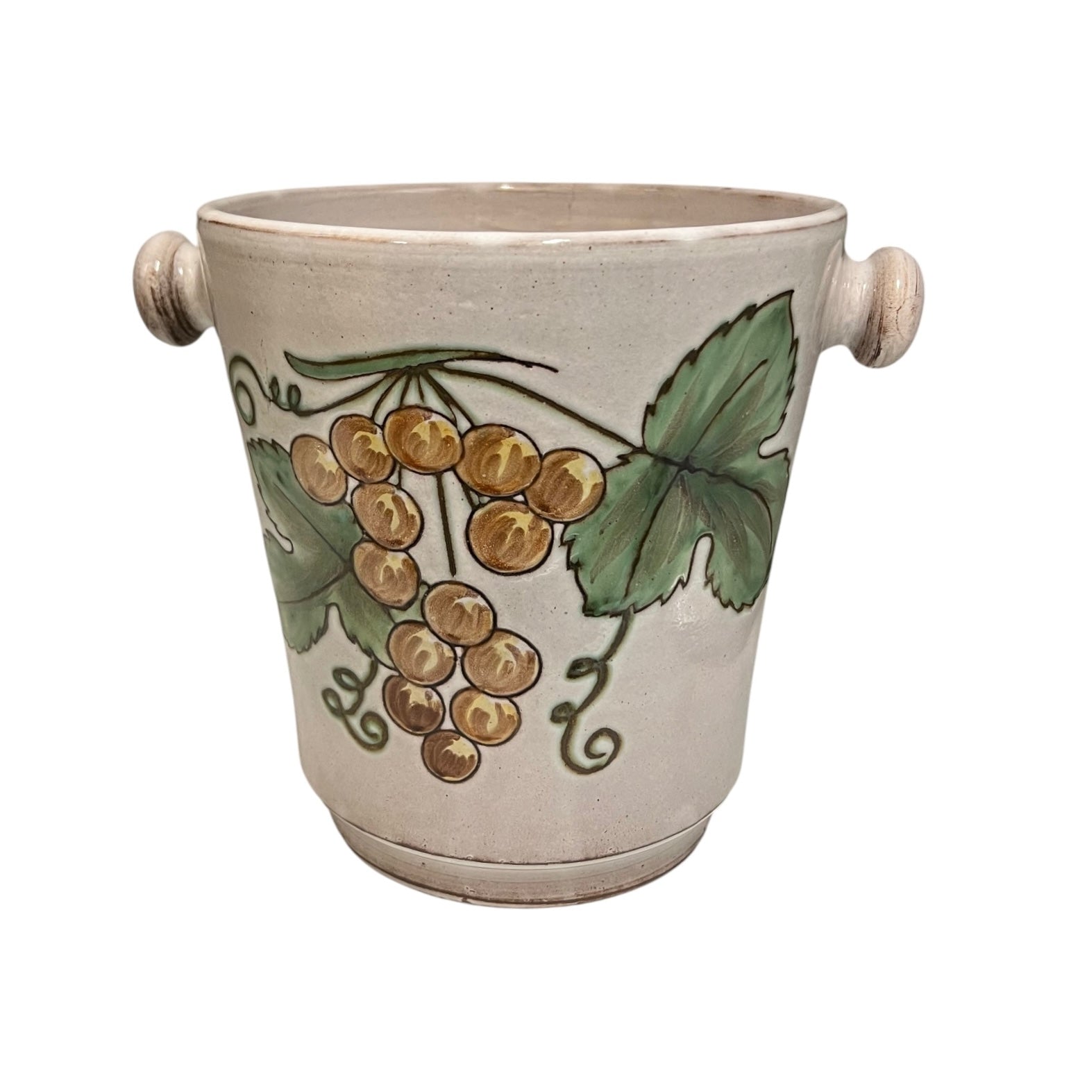 French hand-painted glazed champagne bucket adorned with grape motifs on a white background