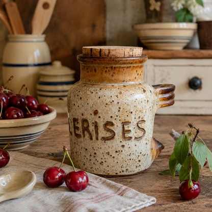 A rustic ceramic jar with a cork lid and side handle, embossed with the word 'CHERISES' or similar, styled on a wooden table with cherries and kitchen props in a warm, vintage setting.