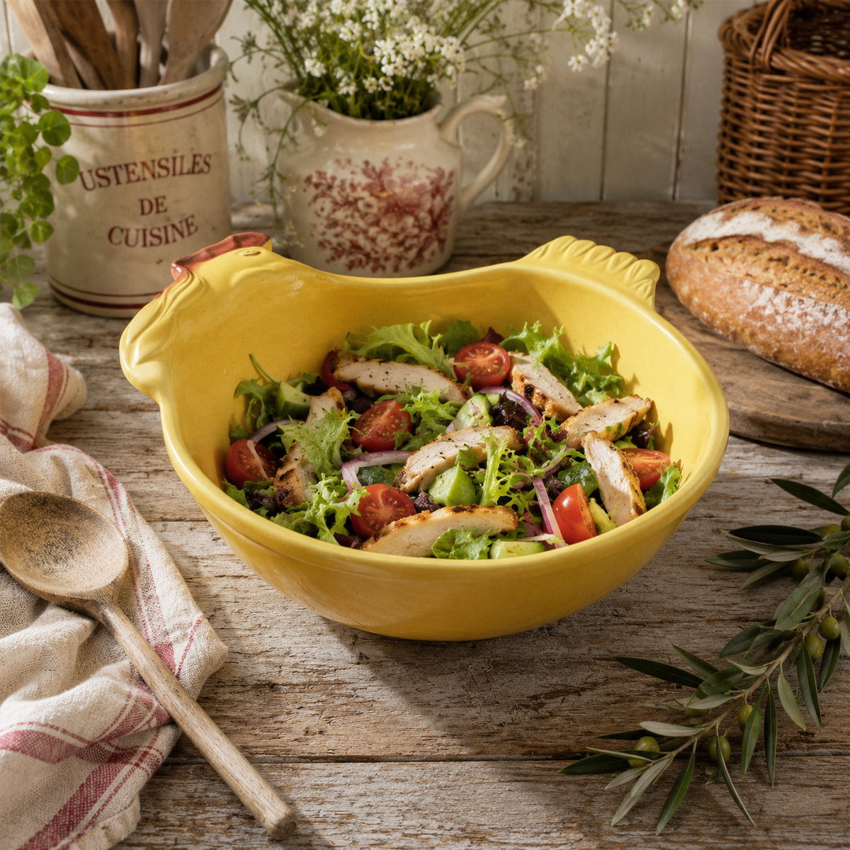 A yellow ceramic salad bowl in a chicken shape, filled with a fresh salad, set on a rustic wooden table with a wooden spoon, a striped cloth, and bread in the background.