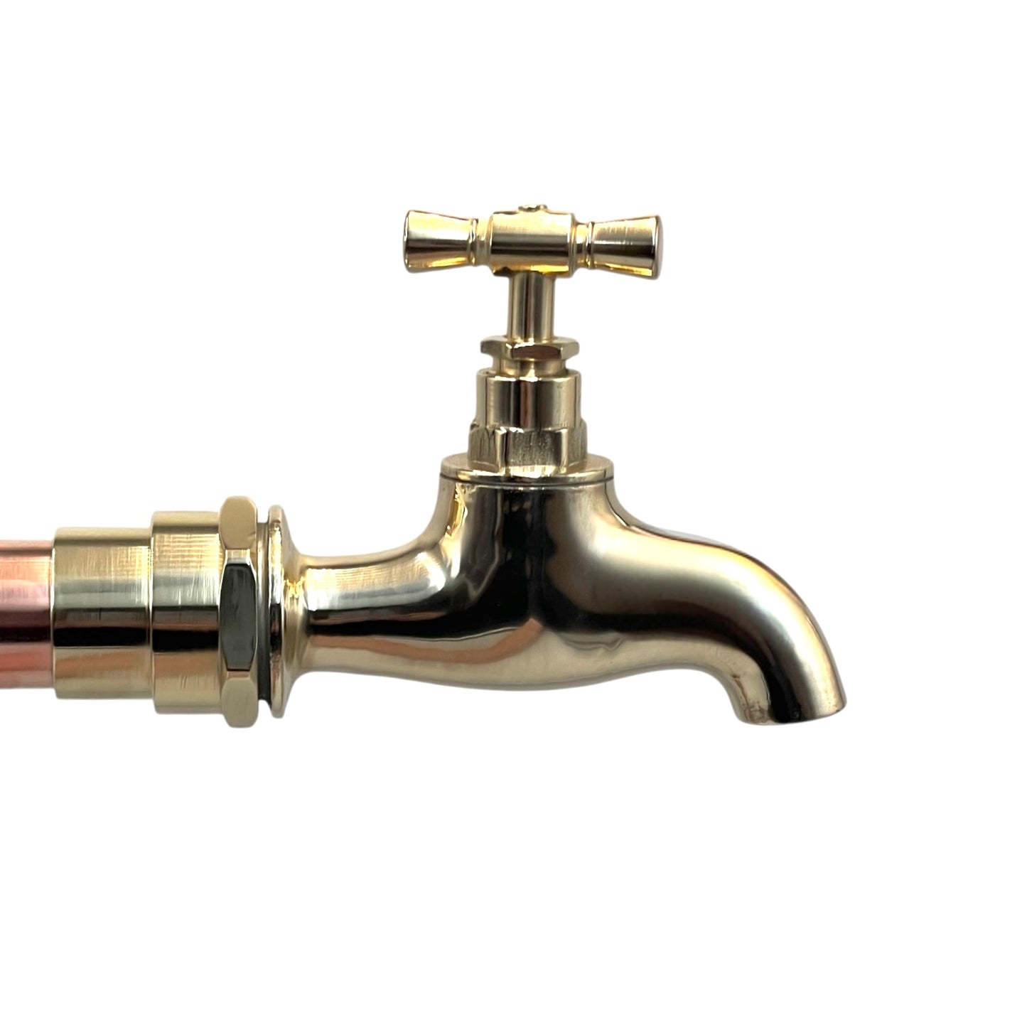 brass tap head with copper pipe fittings on a white background 