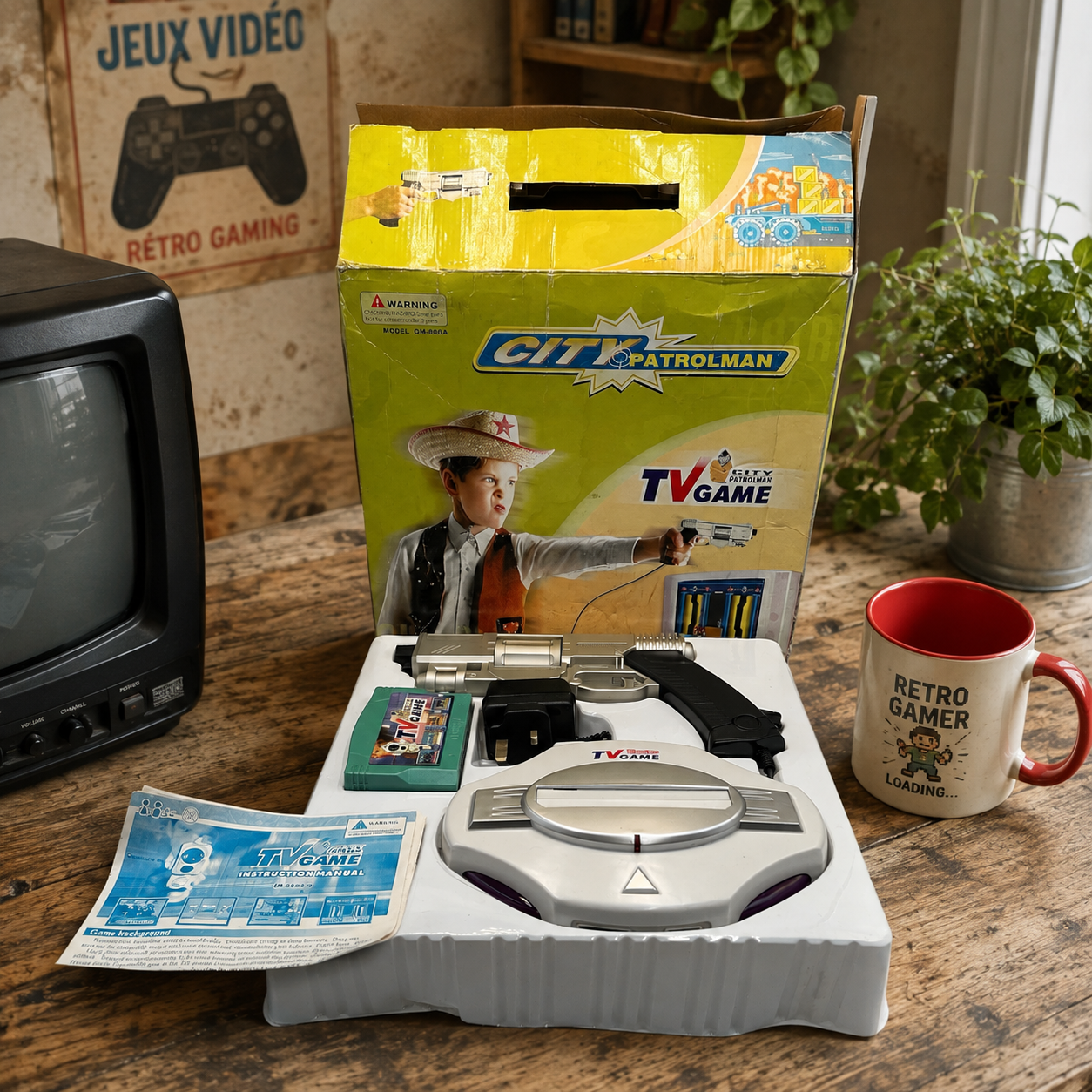 A retro video game console set displayed on a wooden table with its retail box, controller, cartridge, manual, and accessories. The box prominently shows the City Patrolman branding and TV Game logo.