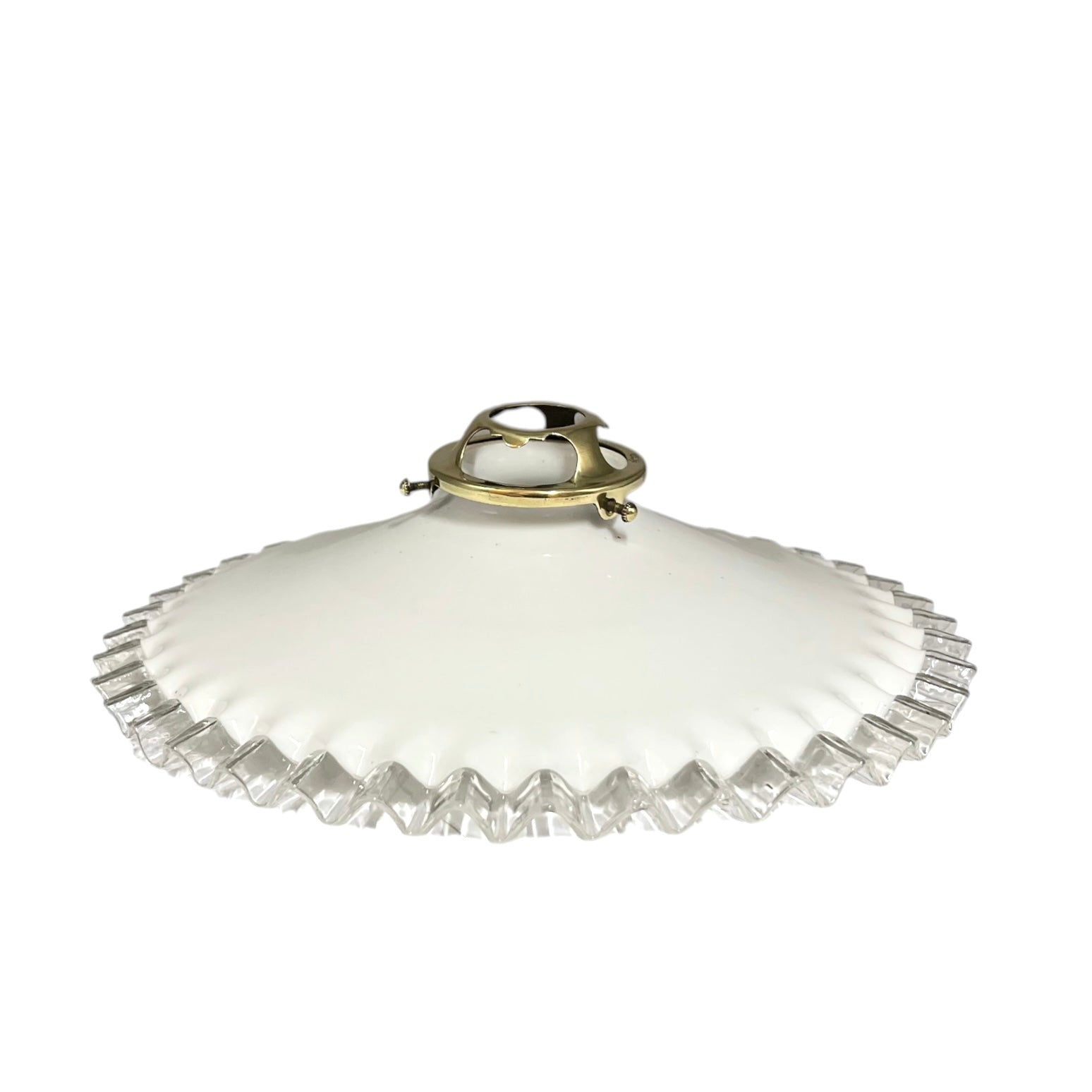 A vintage-style ceiling light shade with a wide, flared white glass body, a scalloped clear glass edge, and a polished gold metal top cap, shown against a plain white background.